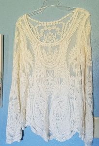 Large Cream Lace Sheer Top Long Sleeve